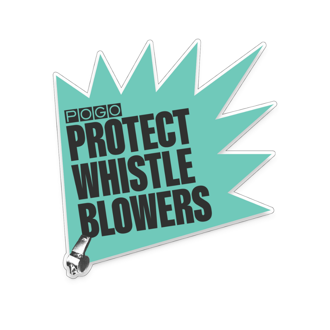 Sticker of a whistle on top of a spiky cyan shape. Black text: Protect Whistleblowers. POGO logo.