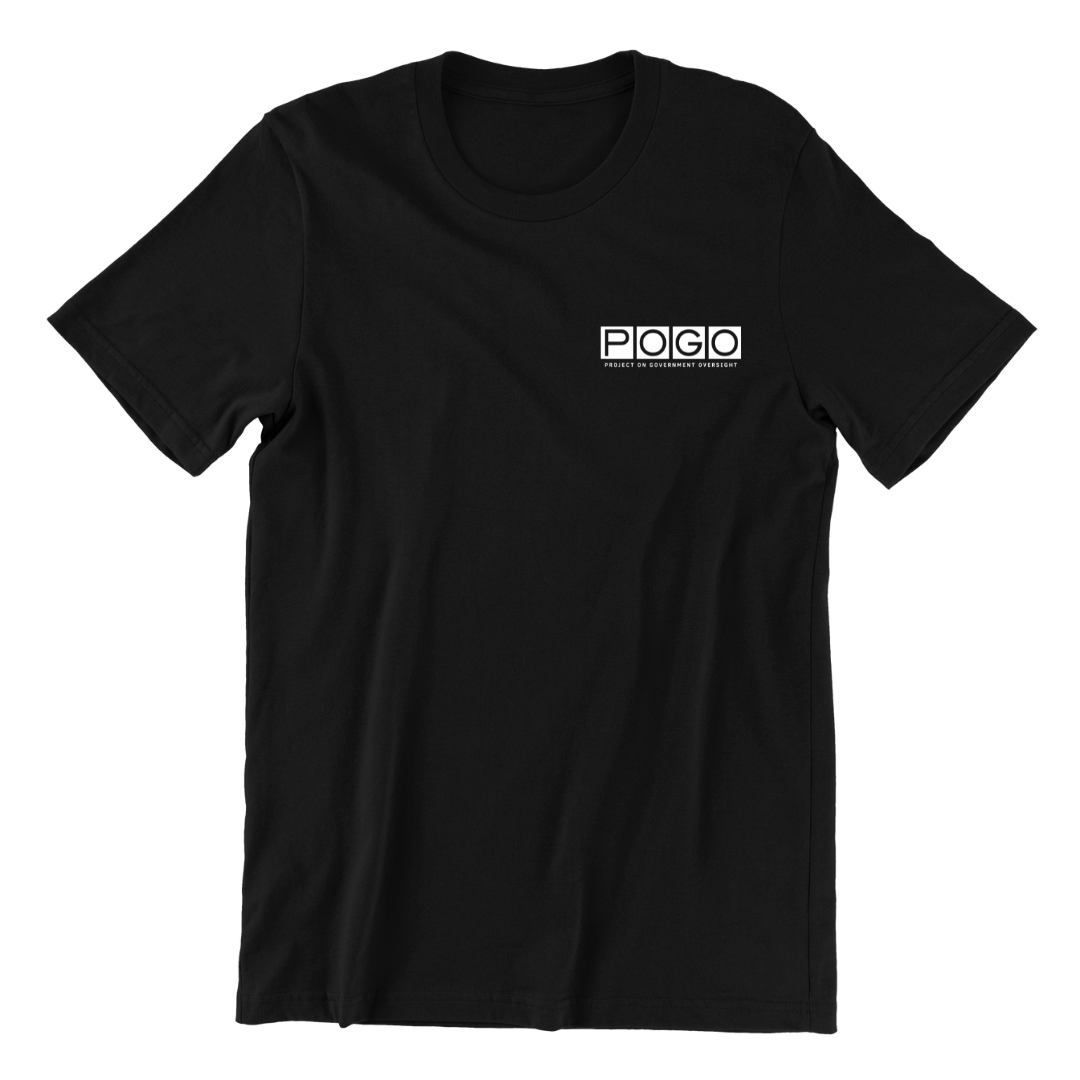 Front of black t-shirt. Right-aligned white POGO logo at top-right of t-shirt.