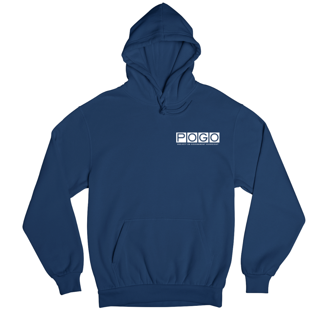 Front of navy sweatshirt hoodie. Right-aligned white POGO logo at top-right of hoodie. 