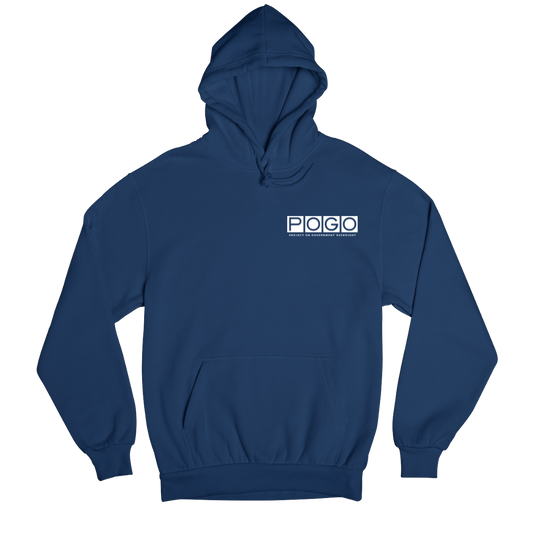 Front of navy sweatshirt hoodie. Right-aligned white POGO logo at top-right of hoodie. 