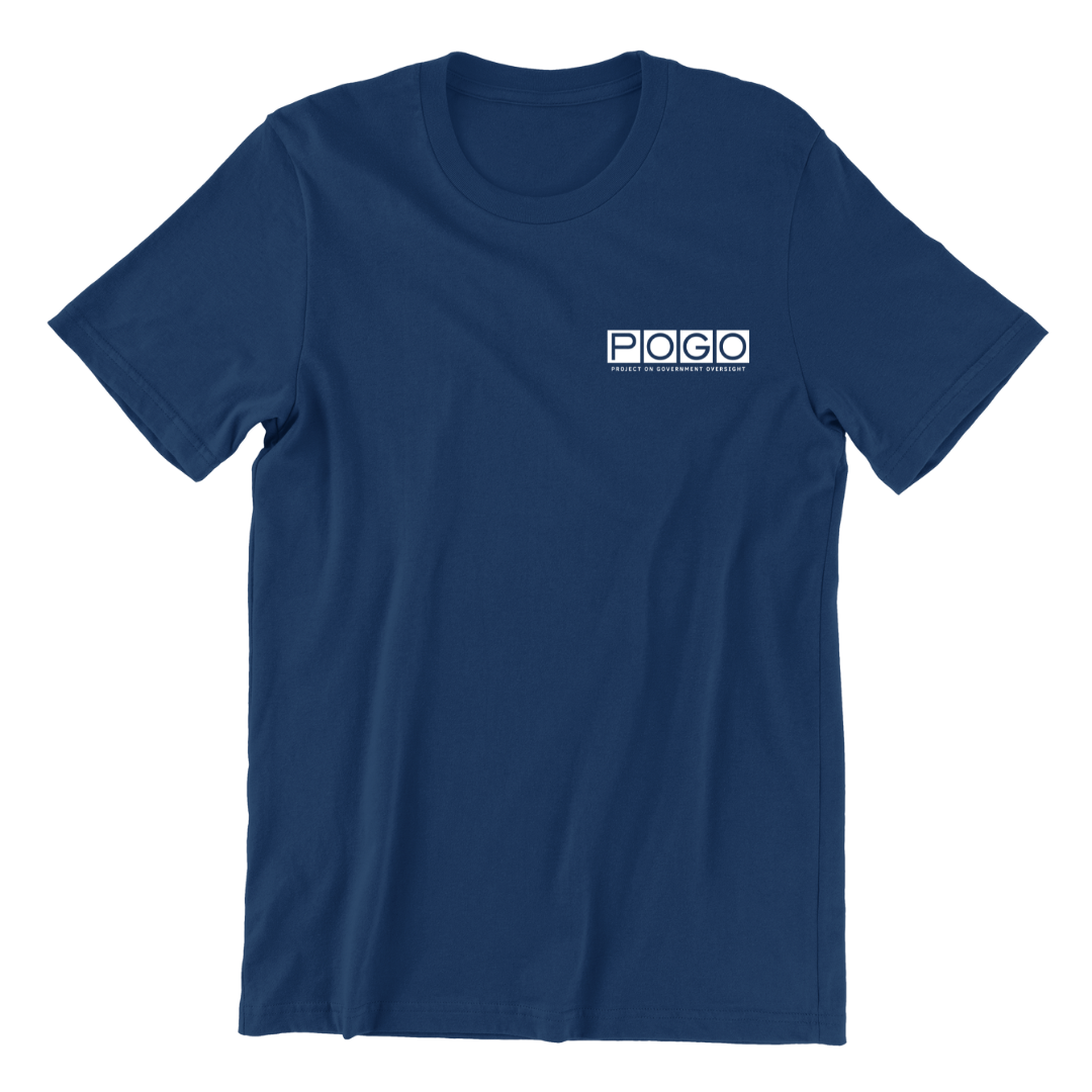 Front of navy t-shirt. Right-aligned white POGO logo at top-right of t-shirt.