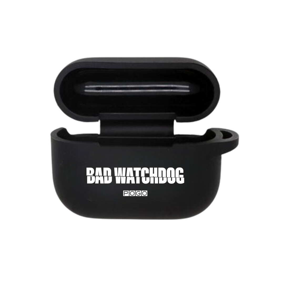 Black silicone AirPods Pro case. Text: Bad Watchdog. POGO Logo.