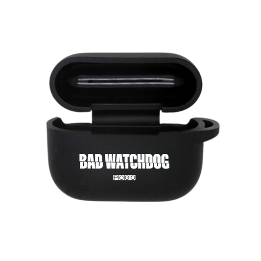 Black silicone AirPods Pro case. Text: Bad Watchdog. POGO Logo.