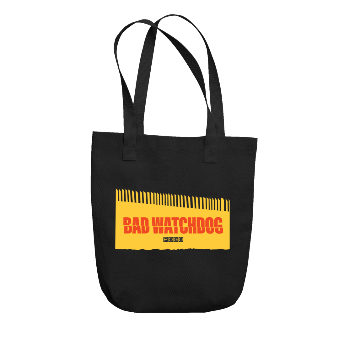 Black tote bag with yellow border wall graphic. Text: Bad Watchdog. POGO Logo.