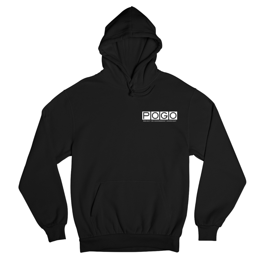 Front of black sweatshirt hoodie. Right-aligned white POGO logo at top-right of hoodie. 