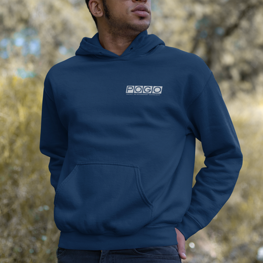 Man wearing a navy hoodie with white POGO logo on the front, top-right of the hoodie.